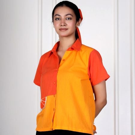 Handcrafted Orange Cotton Relaxed Fit Button Down Shirt